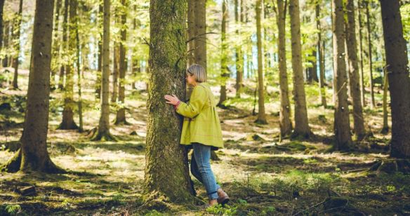 Frau steht im Wald, sie berührt mit den Händen und ihrem Gesicht einen Baumstamm