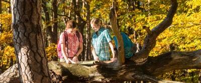 Zwei Frauen schauen in eine Karte im Wald