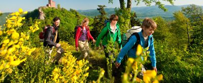 Familie wandert im Wald, im Hintergrund eine Burg