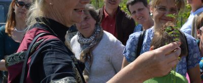 Kräuterexpertin Kräuterexpertin erklärt Wandergruppe etwas über eine Kräutersorte