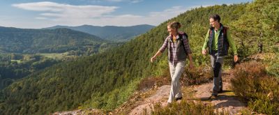 Eine Frau und ein Mann wandern auf dem Dimbacher Buntsandstein Höhenweg