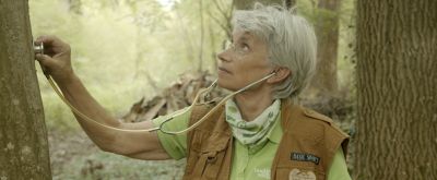 Naturführerin Gerlinde Langner steht mit einem Stethoskop an einem Baum