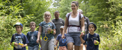 Familien mit Kindern beim Wandern im Wald