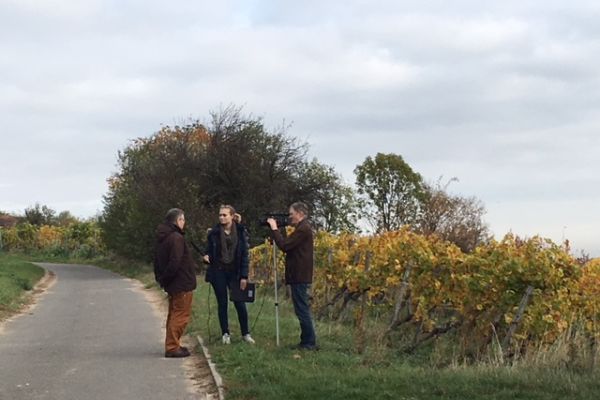 Filmteam am Wegesrand, im Hintergrund Weinreben