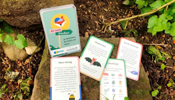 Spiel "Ab nach draußen" Kartenspiel "Ab nach draußen" liegt auf einem, Stein in der Natur