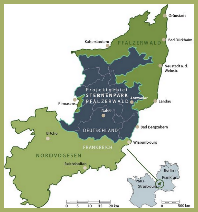 Sternenpark Pfälzerwald Karte, auf der man das Projektgebiet "Sternenpark Pfälzerwald" sieht