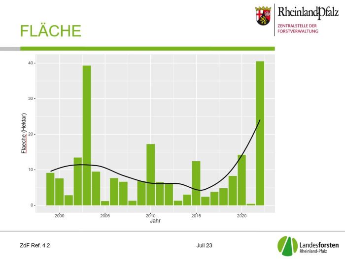 Zerstörte Waldflächen durch Waldbrände in RLP Das balkendiagramm zeigt die durch Waldbrand zerstörten Flächen in RLP von 1999 bis 2022